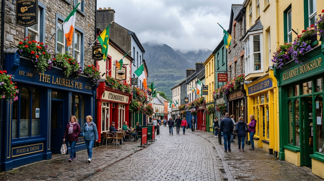 Colorful High Street in Killarney town with traditional Irish pubs and shops, mountains visible in the background