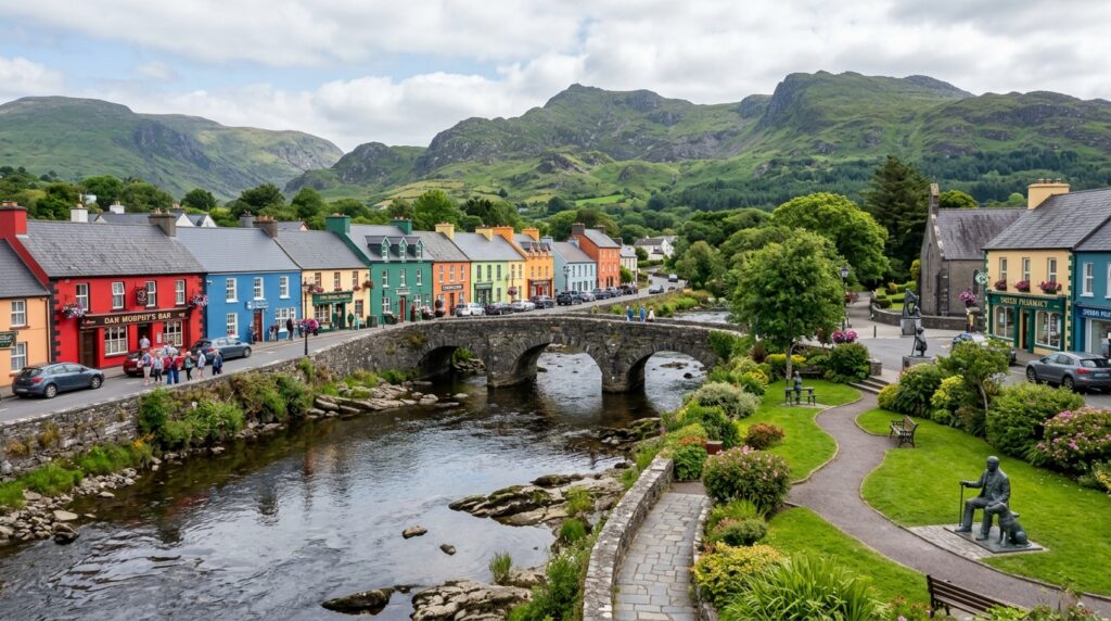 Colorful Sneem village with traditional houses along the river, village green and sculptures in County Kerry, Ireland