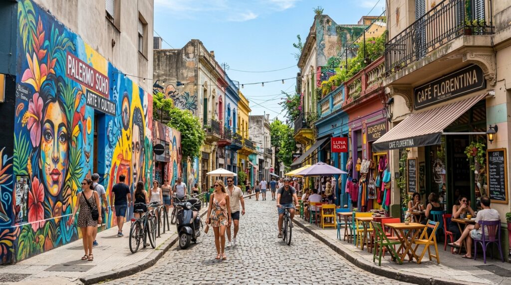Colorful cobblestone street in Palermo Soho with street art and outdoor cafés