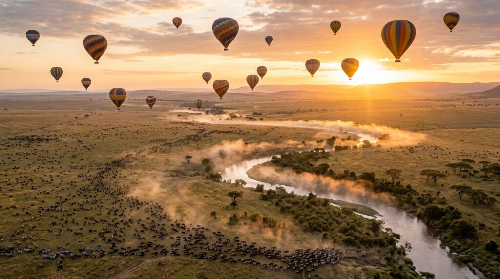 Colorful hot air balloons floating at dawn over the Maasai Mara