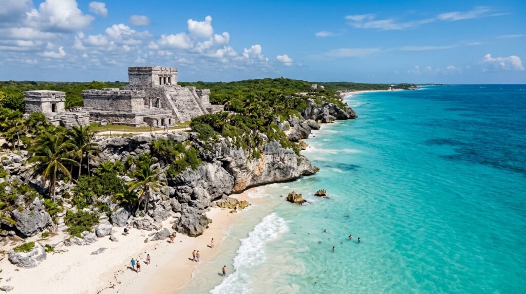 Dramatic travel photograph of ancient Mayan stone structures standing on a 12-meter limestone cliff edge