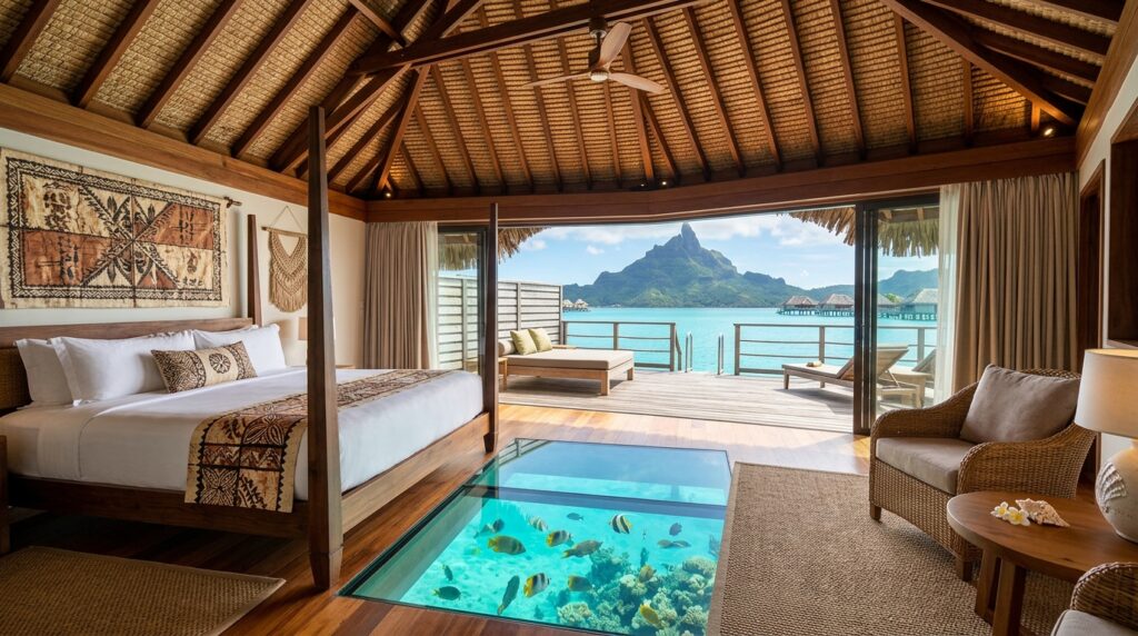 Elegant overwater bungalow interior in Bora Bora with vaulted wooden ceilings