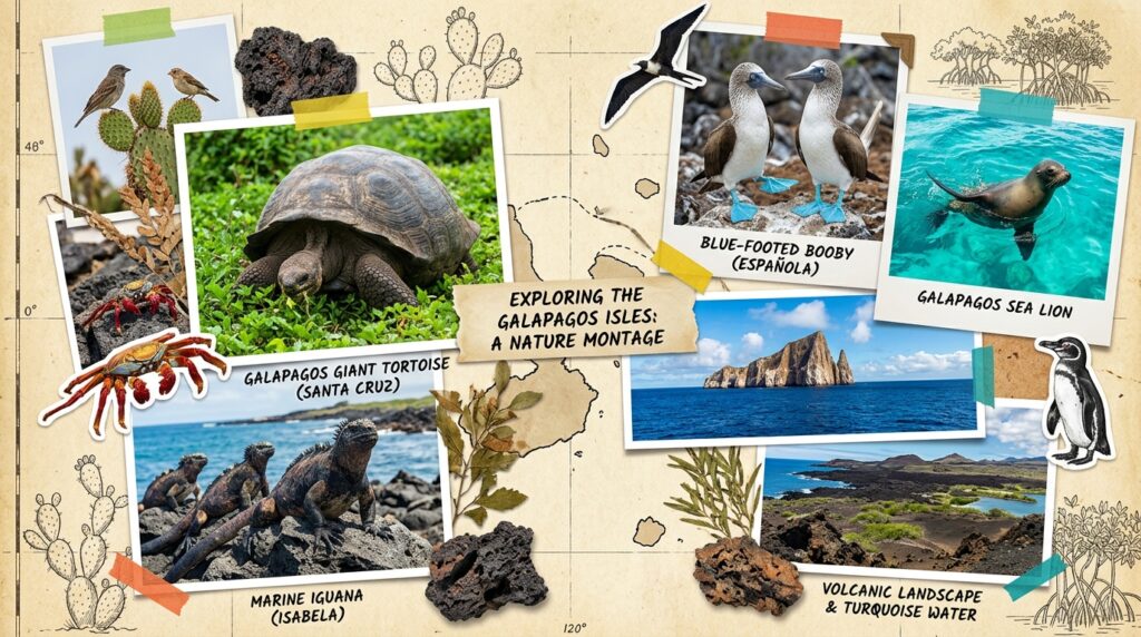 Galapagos Islands wildlife and landscape highlights featuring giant tortoises, marine iguanas, blue-footed boobies, and volcanic scenery