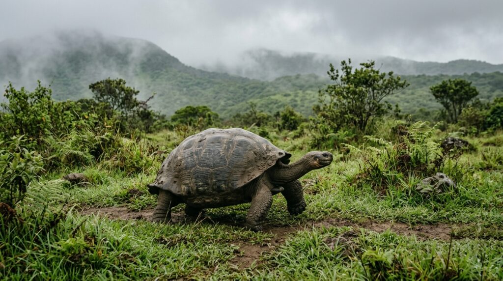 Galapagos giant tortoise in the highland grasslands of Santa Cruz Island, these ancient reptiles can live over 100 years
