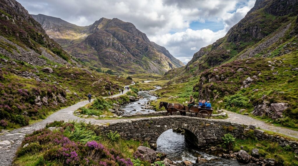 Gap of Dunloe glacial valley in Killarney National Park with mountains, stone bridge and stream, County Kerry, Ireland