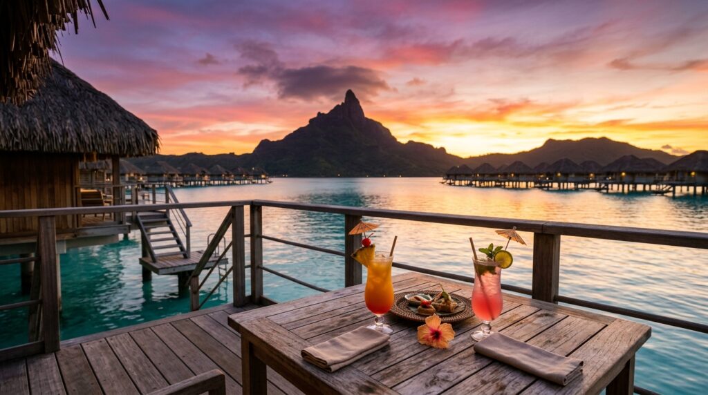 Golden sunset over Bora Bora lagoon seen from an overwater bungalow deck
