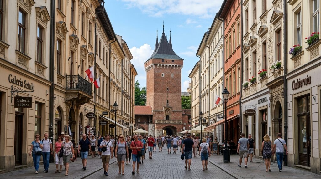 Historic Royal Road walking route through Krakow old town