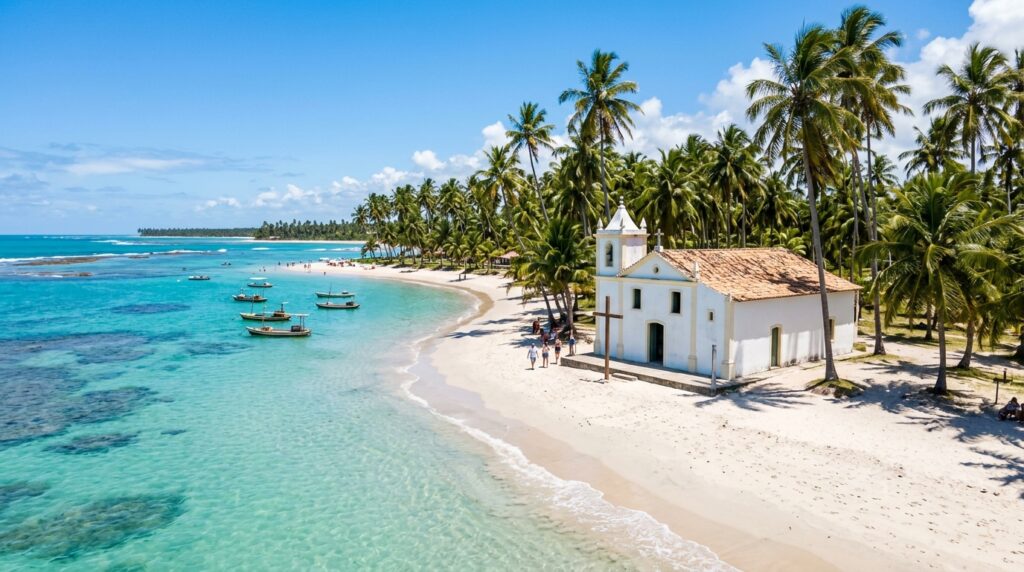 Historic white chapel of São Benedito on the sandy shores of Praia dos Carneiros with coconut palms