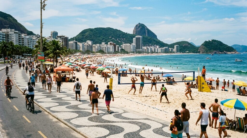 Iconic Copacabana beach with distinctive wave-pattern sidewalk and beachgoers enjoying the sun in Rio de Janeiro
