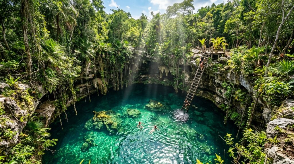 Inviting overhead photograph of a cenote near Tulum Mexico