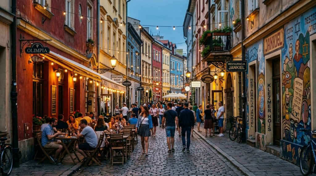 Kazimierz Jewish Quarter street with cafes and historic buildings in Krakow