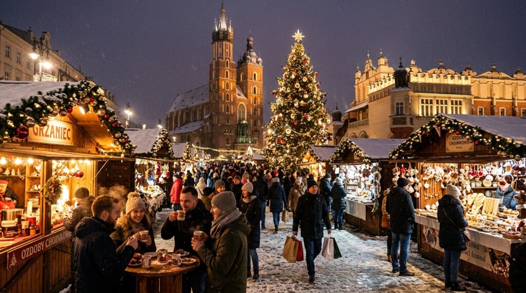 Krakow Christmas market in Main Market Square with festive decorations