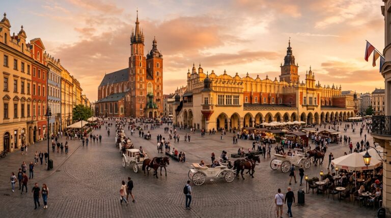 Krakow Main Market Square at sunset with Cloth Hall and St. Mary's Basilica