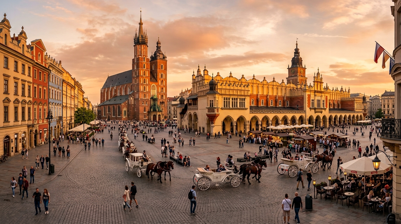 Krakow Main Market Square at sunset with Cloth Hall and St. Mary's Basilica