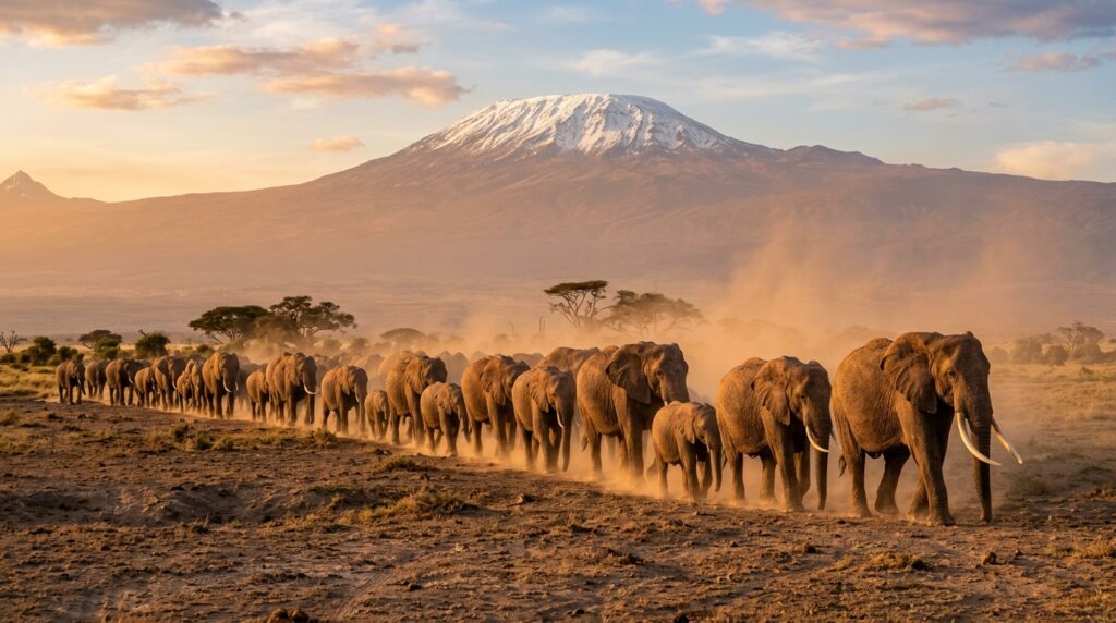 Large herd of African elephants with big tusks walking across the dry plain of Amboseli National Park