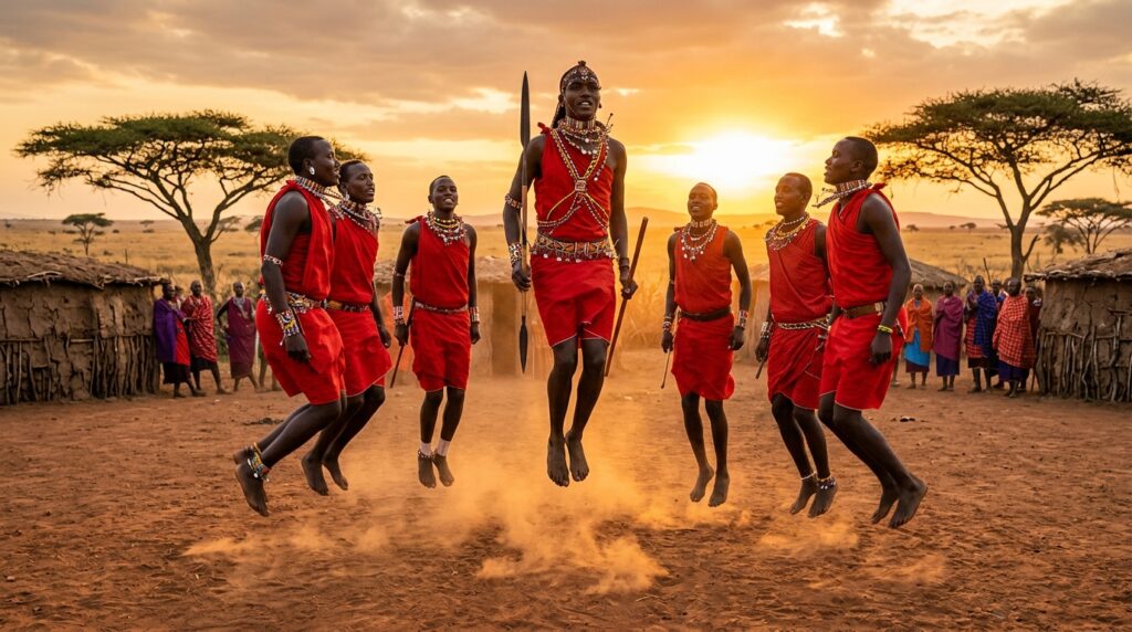 Maasai warriors in vibrant red shukas and intricate beaded jewelry