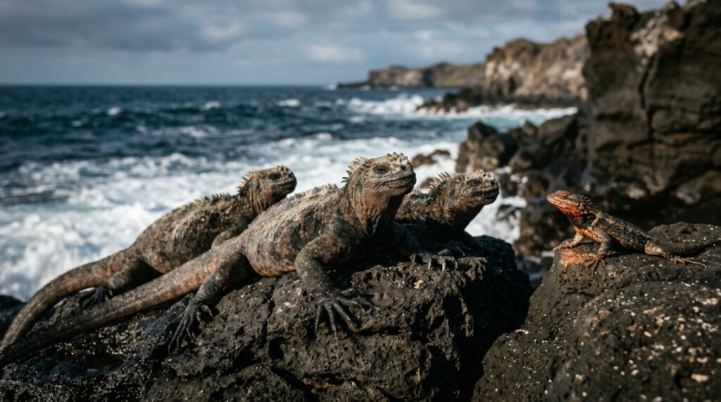 Marine iguanas basking on volcanic rocks in the Galapagos Islands, the world's only sea-going lizard species