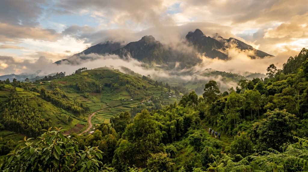 Misty volcanic mountains in Volcanoes National Park Rwanda