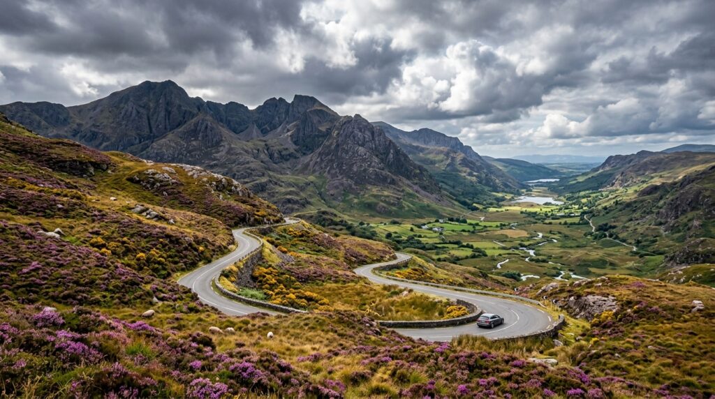 Moll's Gap mountain pass showing dramatic peaks of MacGillycuddy's Reeks range with winding road through heather-covered hills