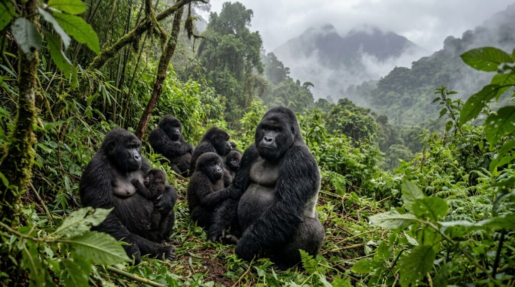 Mountain gorilla family in misty Rwanda rainforest