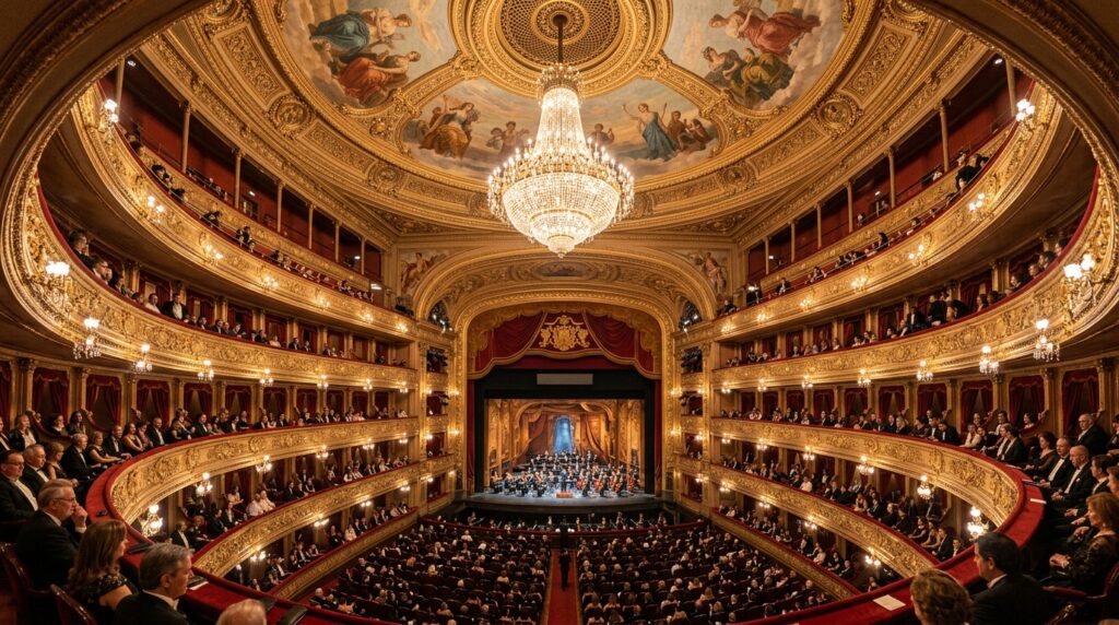 Opulent interior of Teatro Colón opera house with golden balconies and red velvet seating