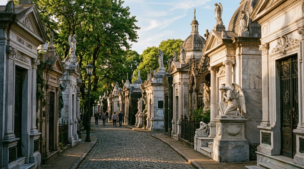 Ornate mausoleums and sculptures at historic Recoleta Cemetery in Buenos Aires