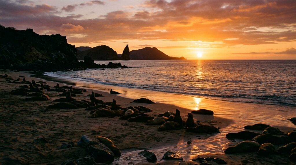 Peaceful sunset on a pristine Galapagos beach with sea lions, representing the islands' untouched natural beauty