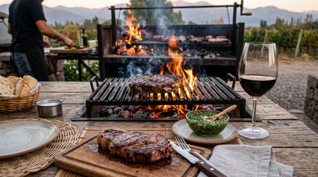 Perfectly grilled Argentine steak at traditional parrilla with chimichurri and Malbec wine