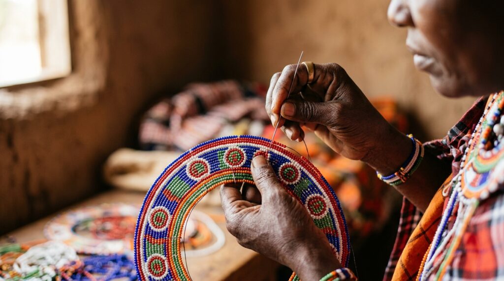 Photorealistic close-up of a Maasai artisan's hands threading a colorful beaded collar necklace