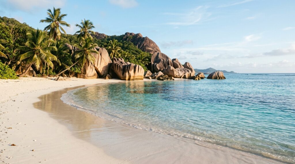 Photorealistic image of Anse Source d'Argent beach on La Digue, Seychelles