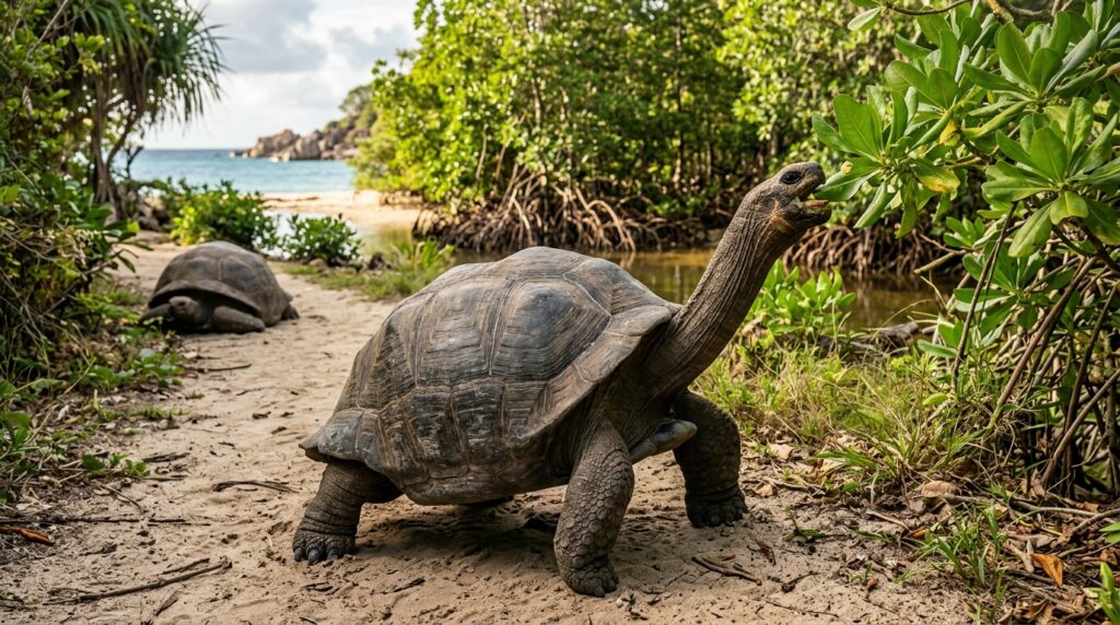Photorealistic image of Seychelles giant tortoises on Curieuse Island