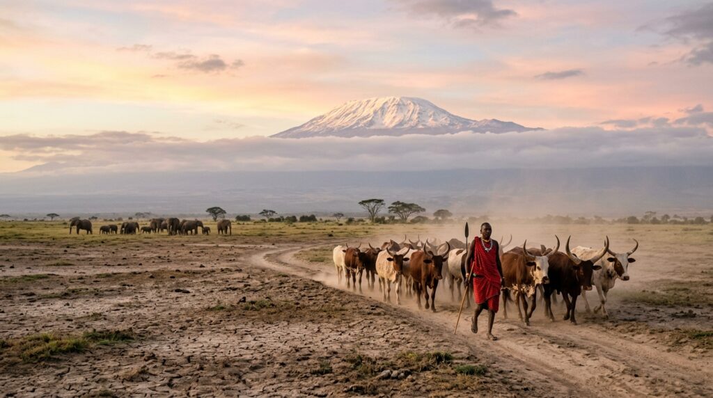 Photorealistic landscape photograph of a Maasai herder walking with cattle across Amboseli's dry lake bed at dawn