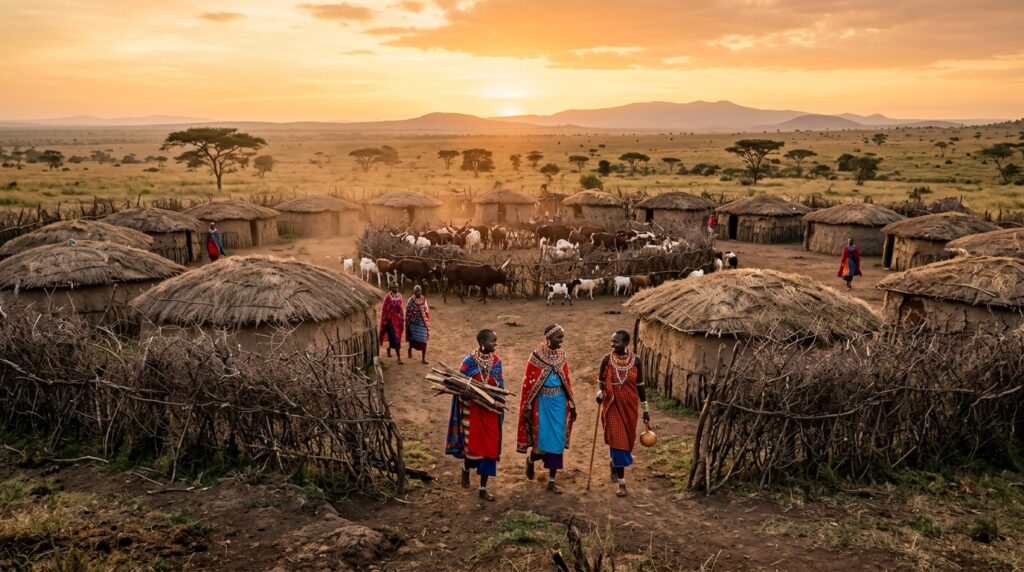 Photorealistic photograph of a traditional Maasai enkang village at golden hour