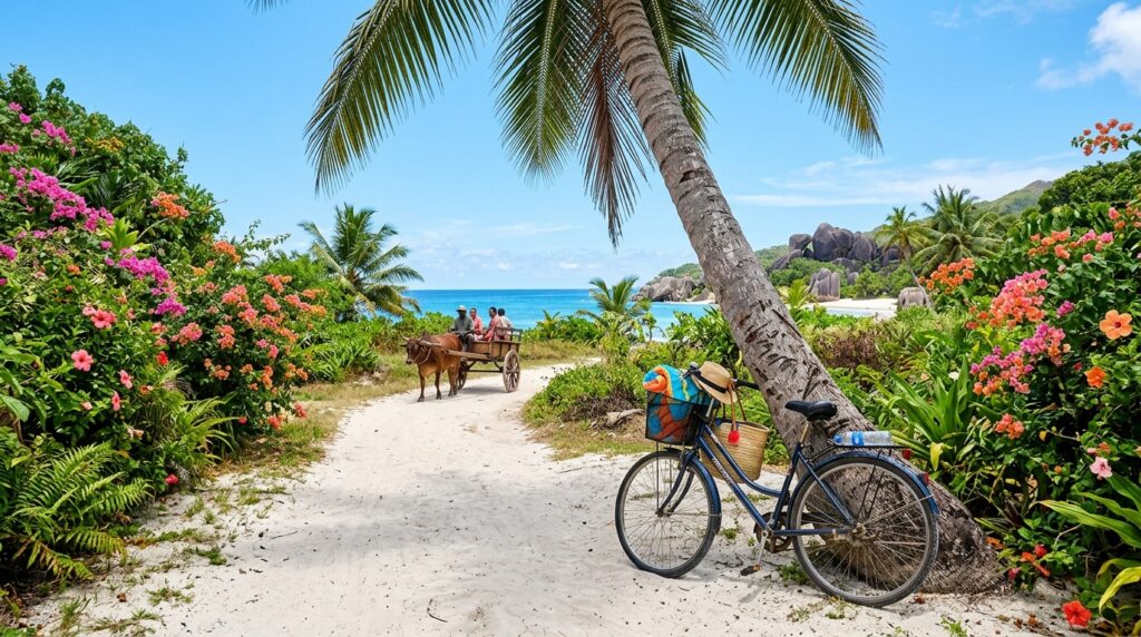 Photorealistic travel image of a bicycle leaning against a palm tree on a sandy path on La Digue
