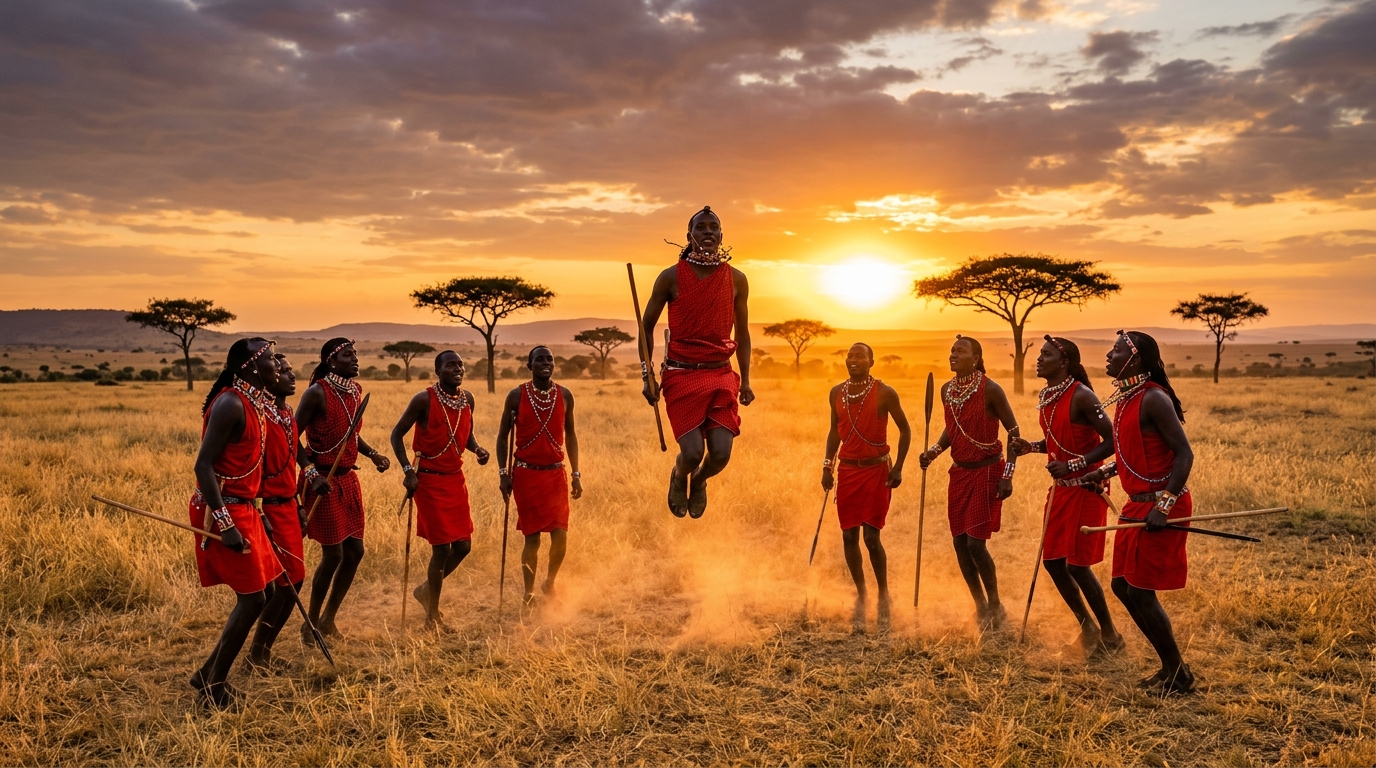Photorealistic wide-angle travel photograph of Maasai warriors in vivid red shuka robes