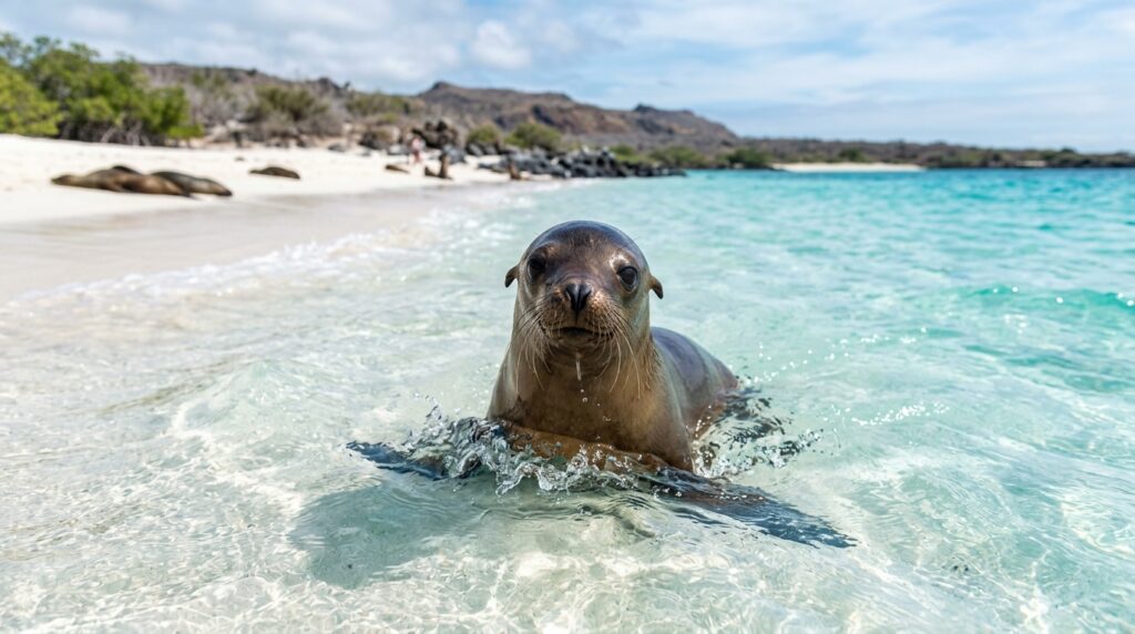 Playful Galapagos sea lion pup in shallow coastal waters, known for their curious and friendly nature
