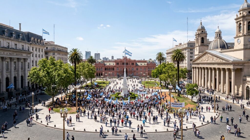 Plaza de Mayo with Casa Rosada presidential palace and Metropolitan Cathedral in Buenos Aires