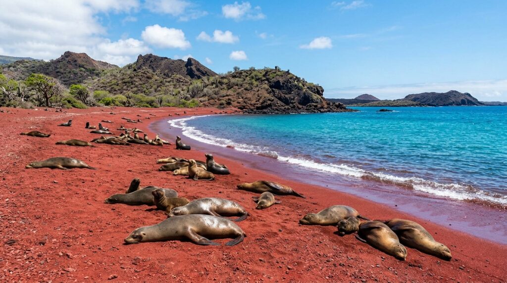Red sand beach on Rábida Island with Galapagos sea lions resting on the unique crimson volcanic shoreline