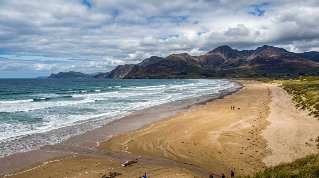 Rossbeigh Strand golden beach with MacGillycuddy's Reeks mountains in background near Glenbeigh, County Kerry, Ireland