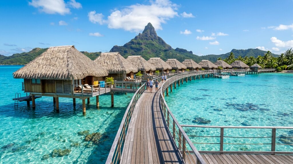 Row of luxury thatched-roof overwater bungalows on wooden stilts