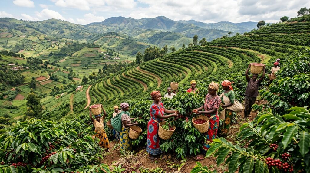 Rwanda coffee plantation on terraced hillsides