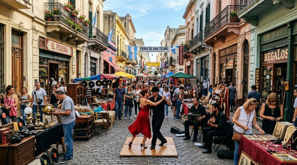 San Telmo Sunday market with antique vendors and tango dancers on cobblestone streets