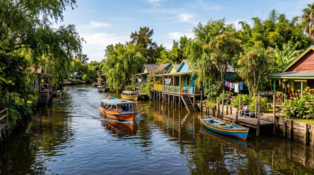 Scenic Tigre Delta with boats navigating waterways and stilt houses along the canals