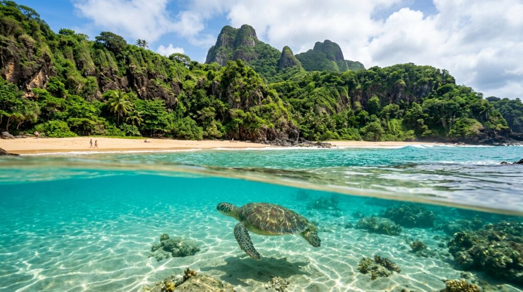 Sea turtle swimming in crystal clear waters at Praia do Sancho, Fernando de Noronha