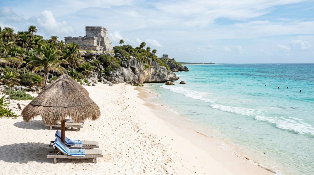 Serene photograph of Playa Paraíso beach beneath the Tulum ruins in Mexico