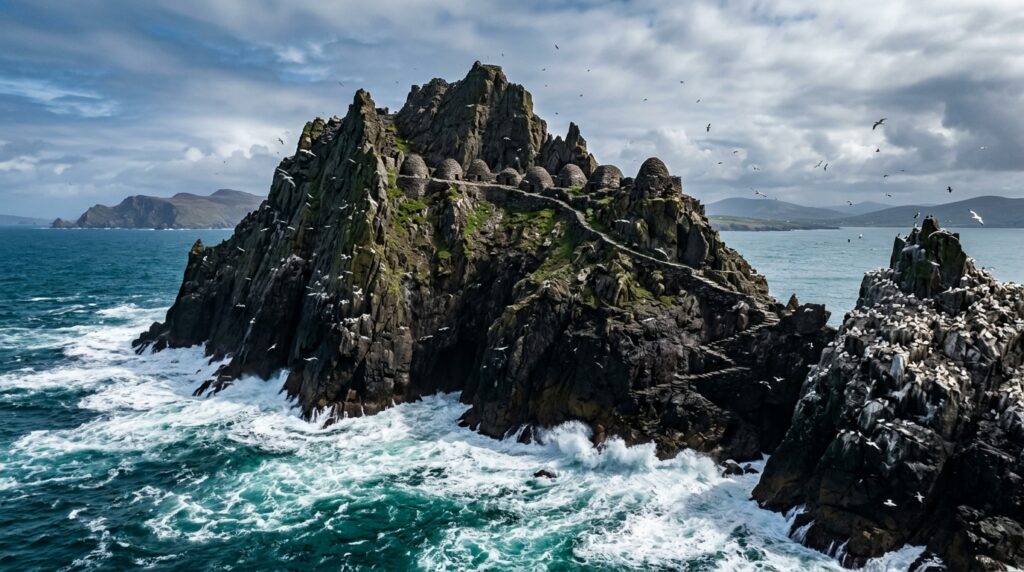 Skellig Michael dramatic rocky island with ancient monastic beehive huts rising from the Atlantic Ocean, County Kerry, Ireland
