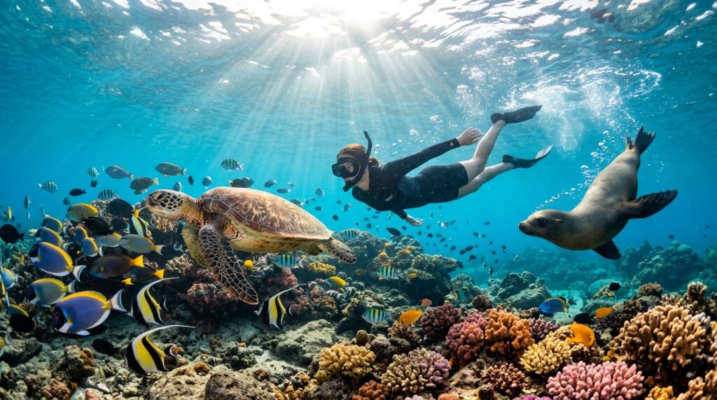 Snorkeler swimming with sea turtle and tropical fish in the crystal-clear waters of the Galapagos Islands