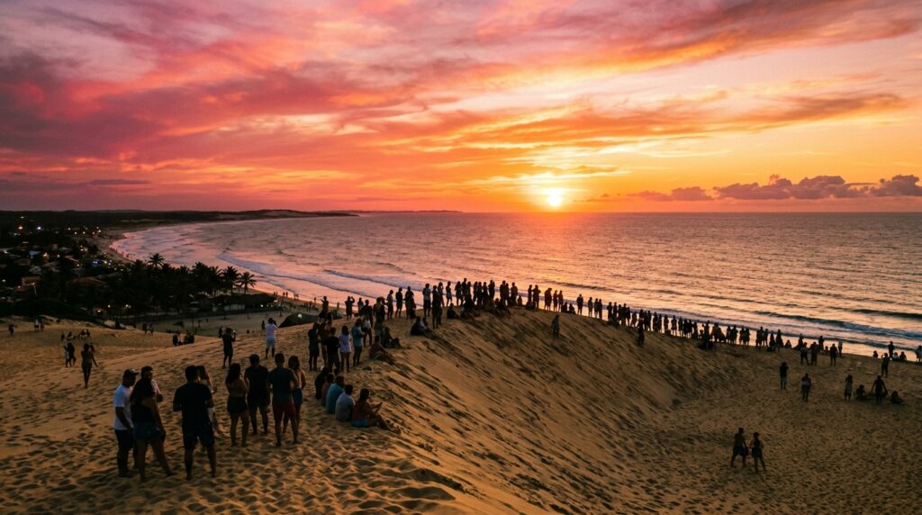 Spectacular sunset view from sand dunes in Jericoacoara with visitors applauding the setting sun