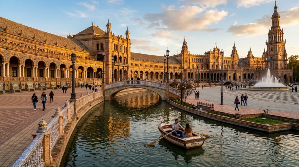 The stunning Plaza de España in Seville during the late afternoon