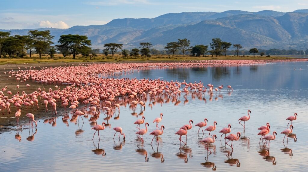Thousands of pink flamingos gathered along the shimmering shoreline of Lake Nakuru
